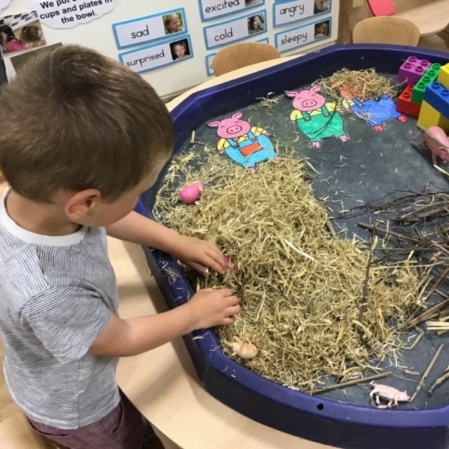A boy playing with farmyard toys