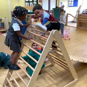 Children climbing on items inside. 